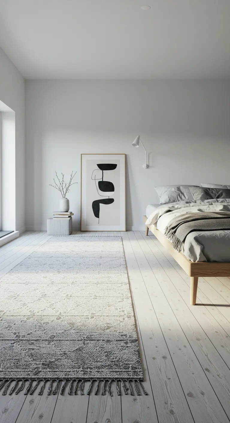 Dormitorio minimalista con alfombra gris texturizada a un lado de la cama baja.