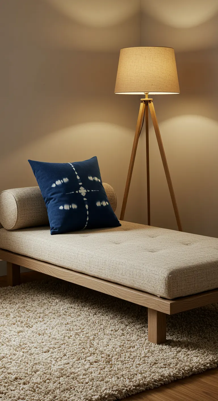 Diván de madera clara con un cojín teñido con la técnica shibori en azul y una lámpara de pie.