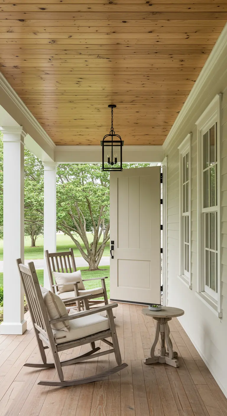 Amplio porche con mecedoras de madera, cojines neutros y techo de madera natural