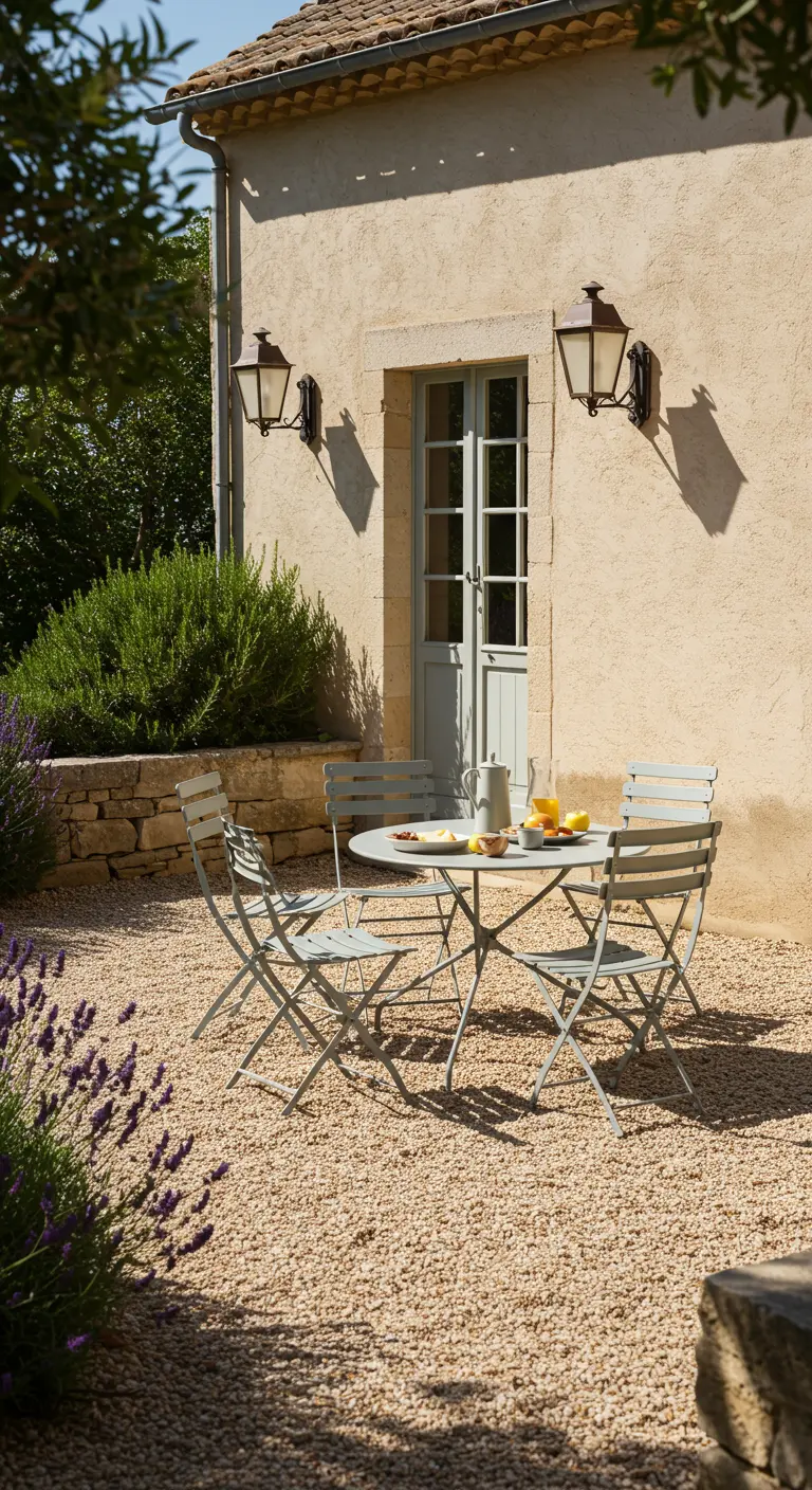 Patio de gravilla con una mesa y sillas de metal verde salvia y dos faroles de pared.