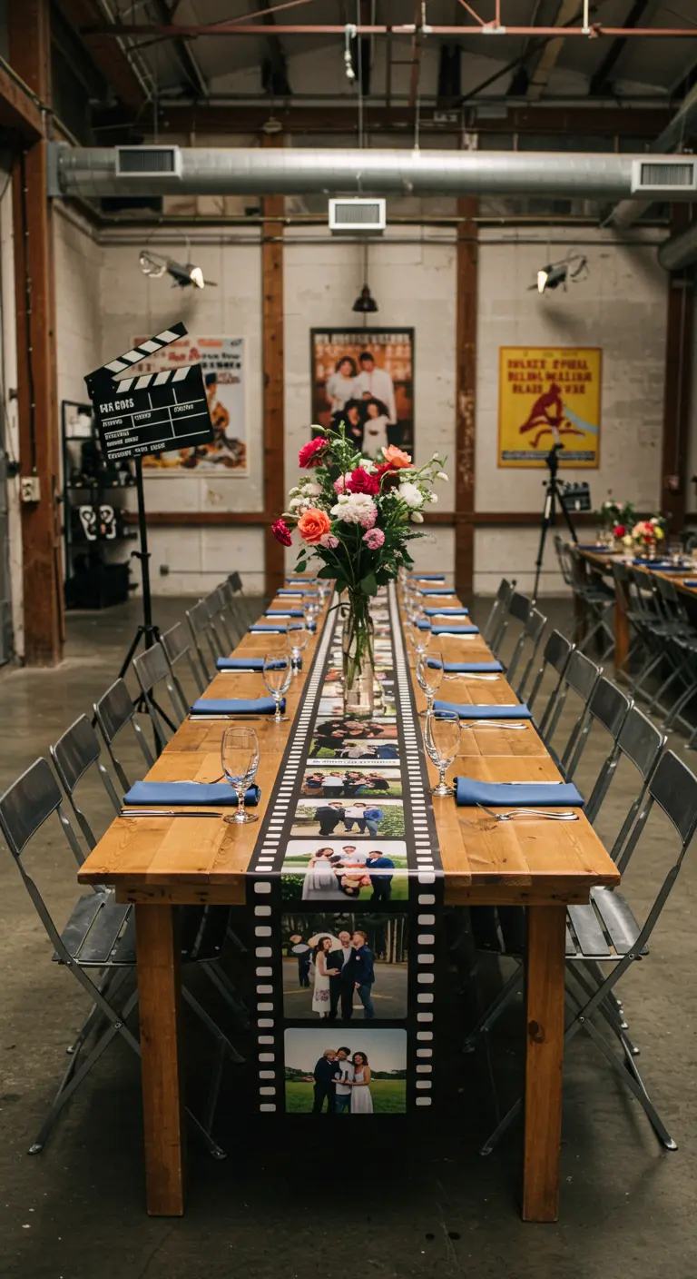 Camino de mesa diseñado como una tira de película con fotos de la pareja en cada fotograma.