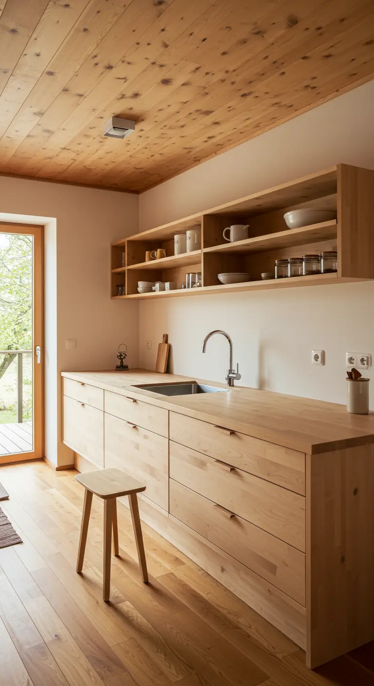 Cocina rústica de madera de pino con nudos visibles y estanterías abiertas