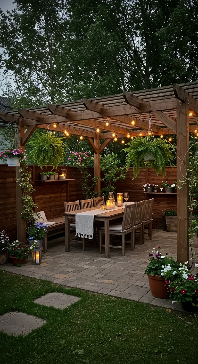 Pérgola de madera con estantes incorporados y plantas colgantes en un patio iluminado.