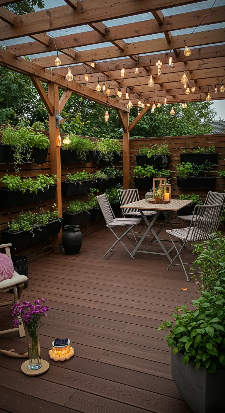 Pérgola de madera con jardineras verticales llenas de hierbas y una guirnalda de luces colgantes.