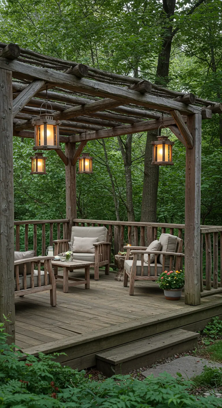Pérgola de troncos de madera en un bosque con muebles y faroles rústicos colgantes