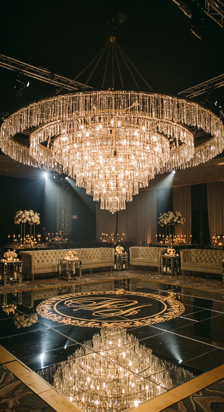 Enorme candelabro de cristal sobre una pista de baile negra y brillante con un monograma dorado.