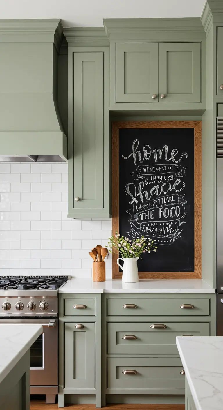 Cocina verde salvia con una pizarra enmarcada en madera e integrada entre los armarios superiores.