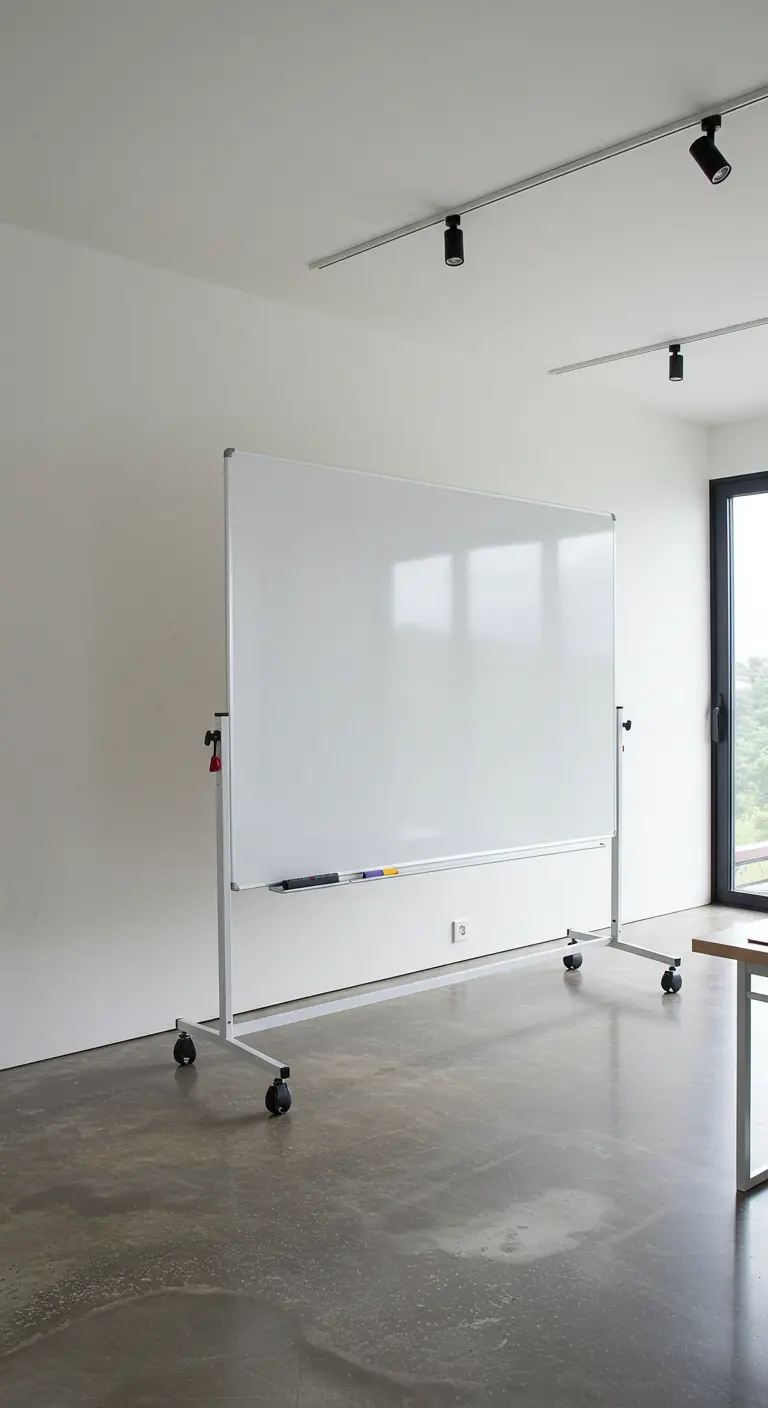 Pizarra blanca grande con soporte metálico y ruedas en una oficina de estilo minimalista.