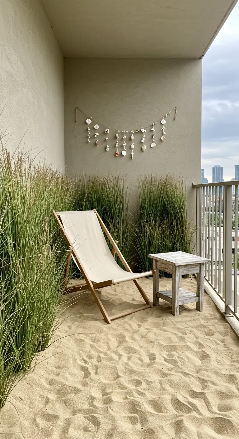 Balcón transformado en una pequeña playa con arena, una tumbona de lona y hierbas altas.