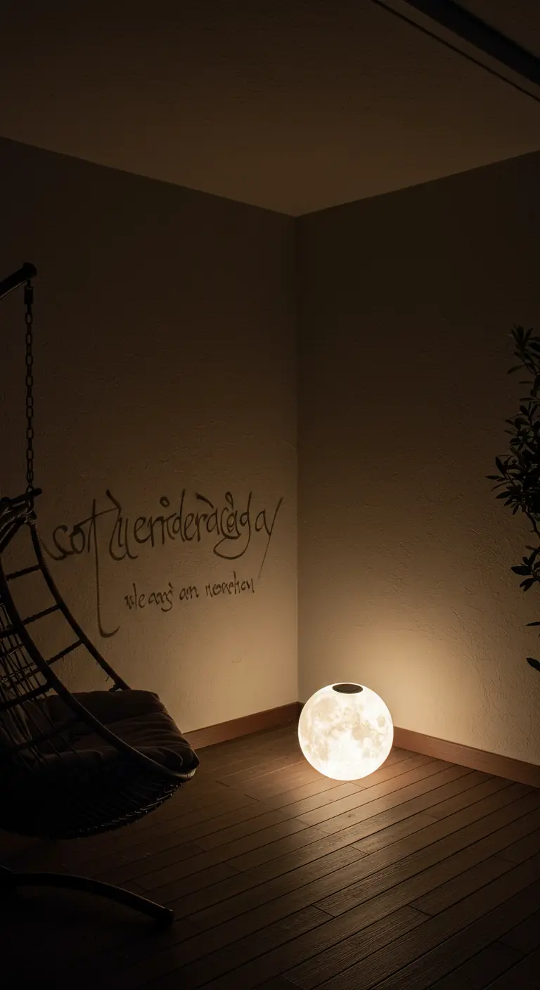 Rincón oscuro con una silla colgante, una frase pintada en la pared y una lámpara solar en forma de luna