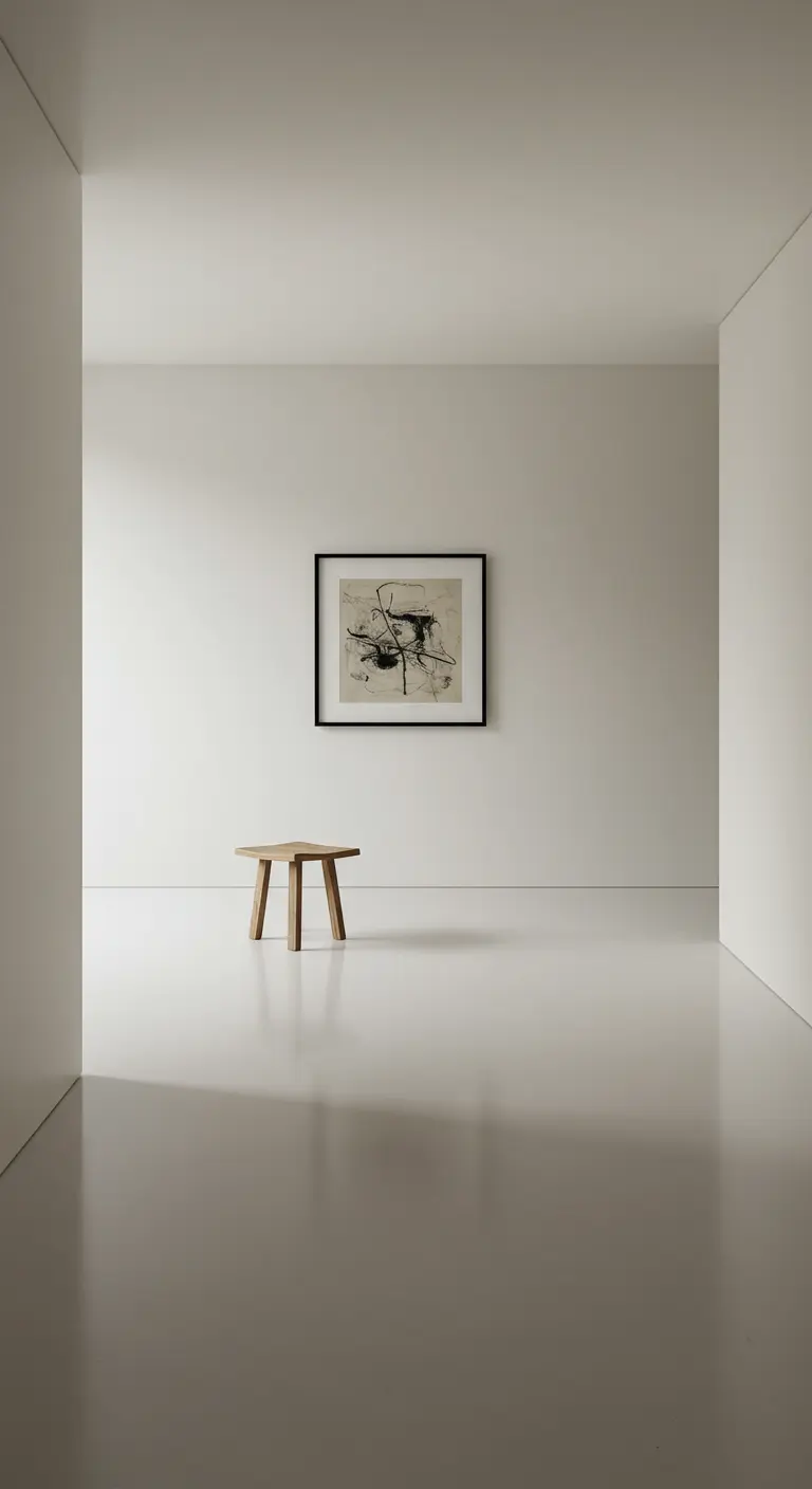 Espacio minimalista en blanco con un pequeño taburete de madera y un cuadro abstracto de líneas finas.