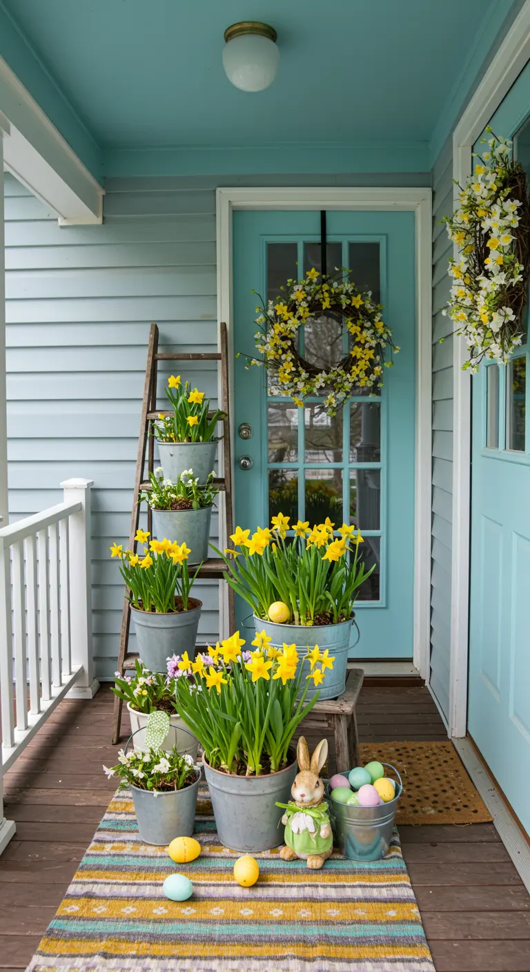 Escalera de madera en un porche decorado para la primavera con narcisos amarillos en cubos de zinc.