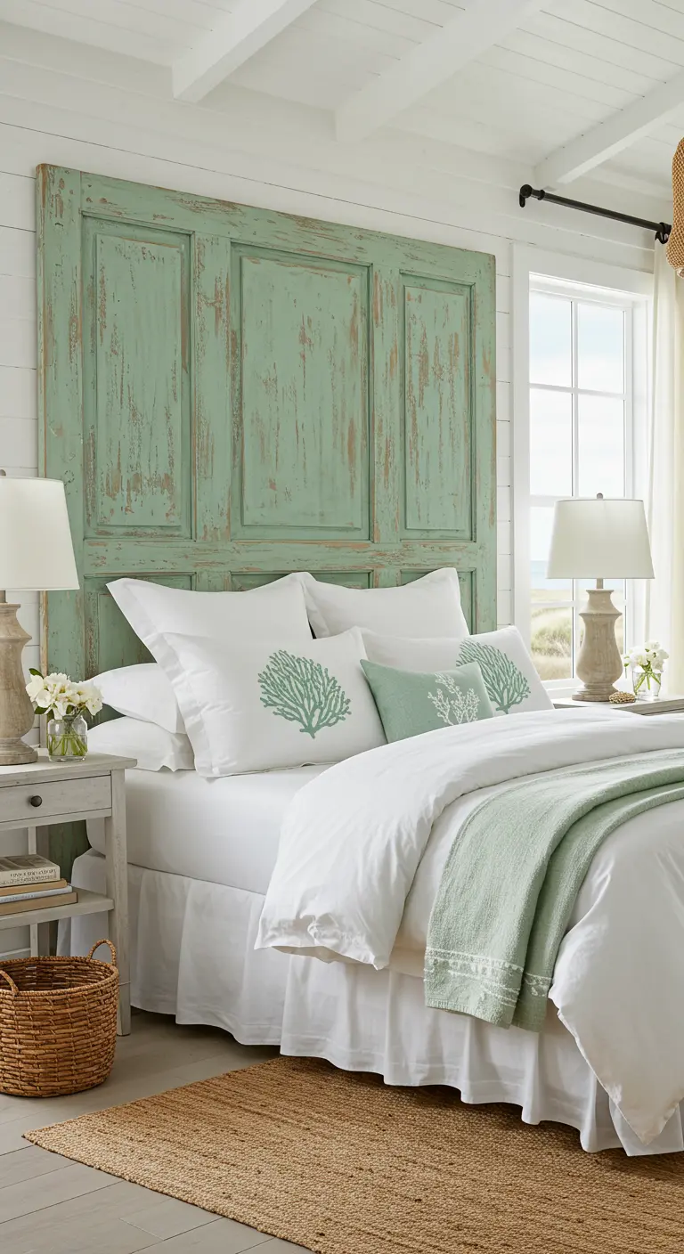 Puerta antigua pintada de verde menta desgastado utilizada como cabecero en un dormitorio de estilo costero
