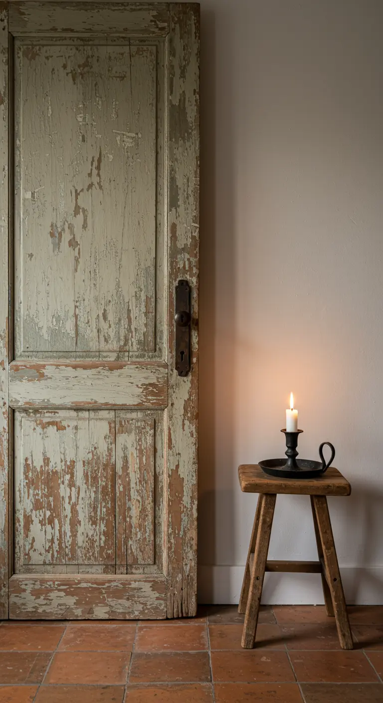 Puerta de madera antigua y desgastada apoyada en la pared junto a un taburete con una vela.