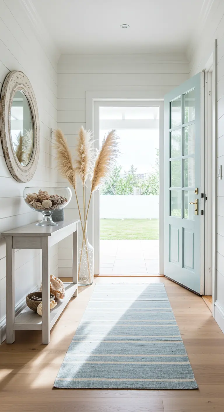 Recibidor costero luminoso con puerta azul claro, consola y alfombra de rayas.