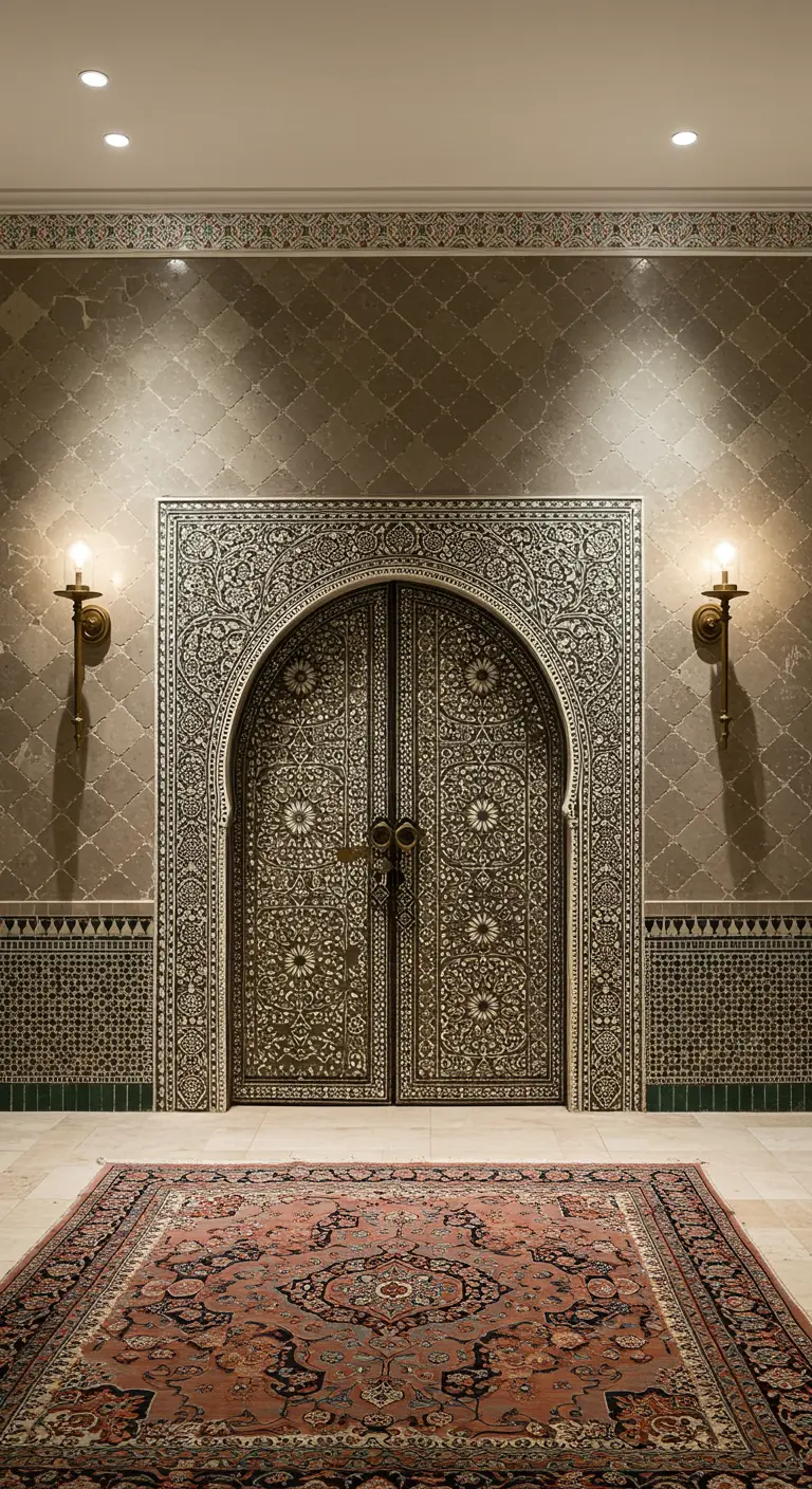 Impresionante puerta de doble hoja con intrincados patrones geométricos en blanco y negro