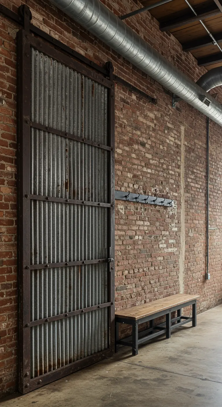 Entrada con una gran puerta corredera de metal corrugado sobre una pared de ladrillo.