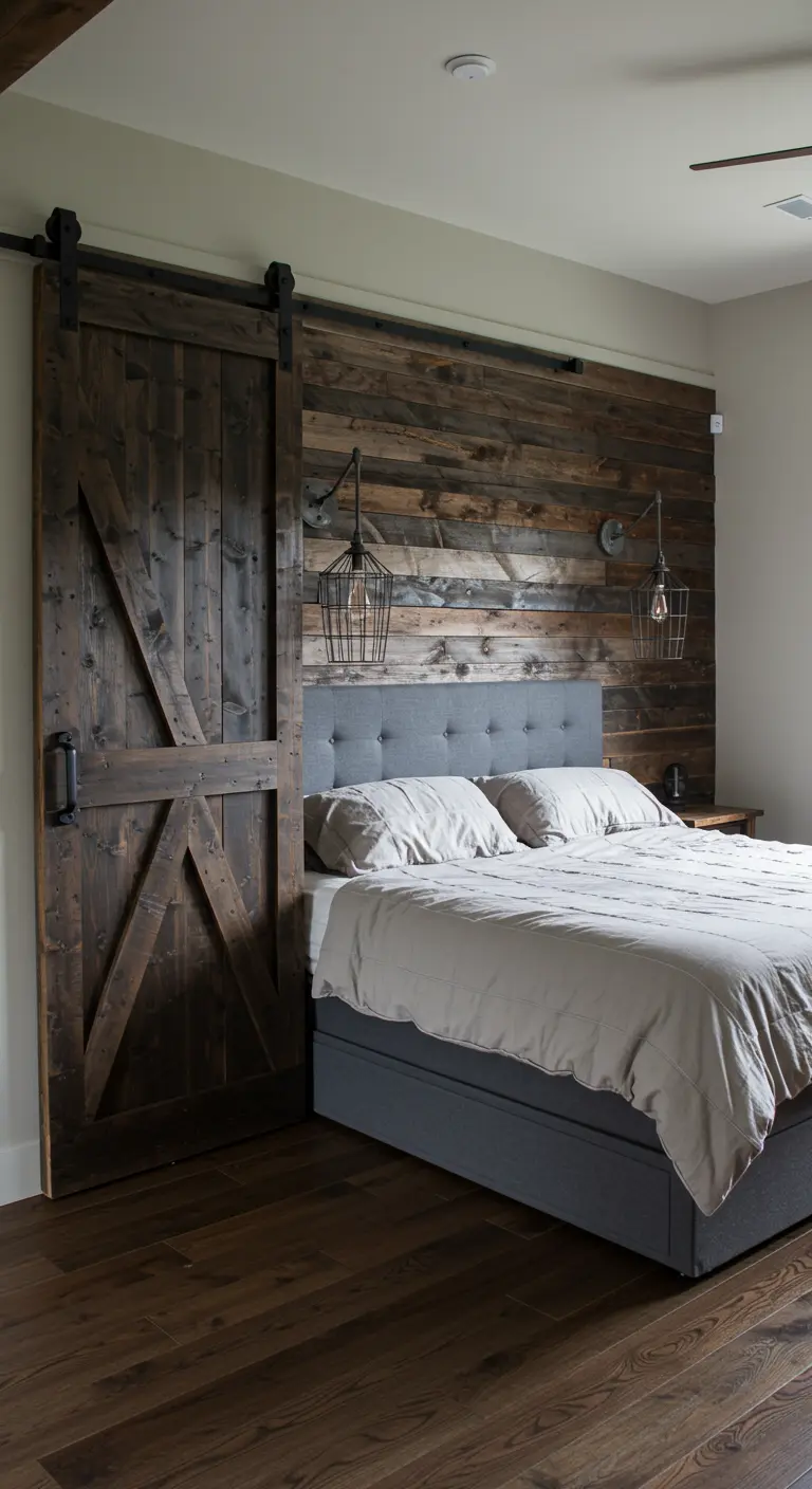 Dormitorio rústico con pared de madera recuperada y una gran puerta de granero corredera.