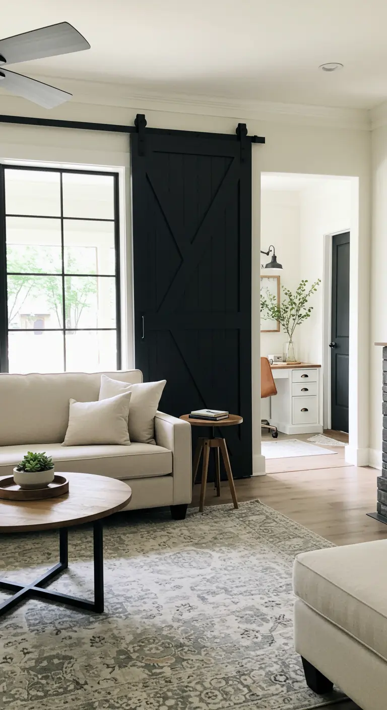 Puerta de granero negra corredera que separa la sala de estar de otra habitación