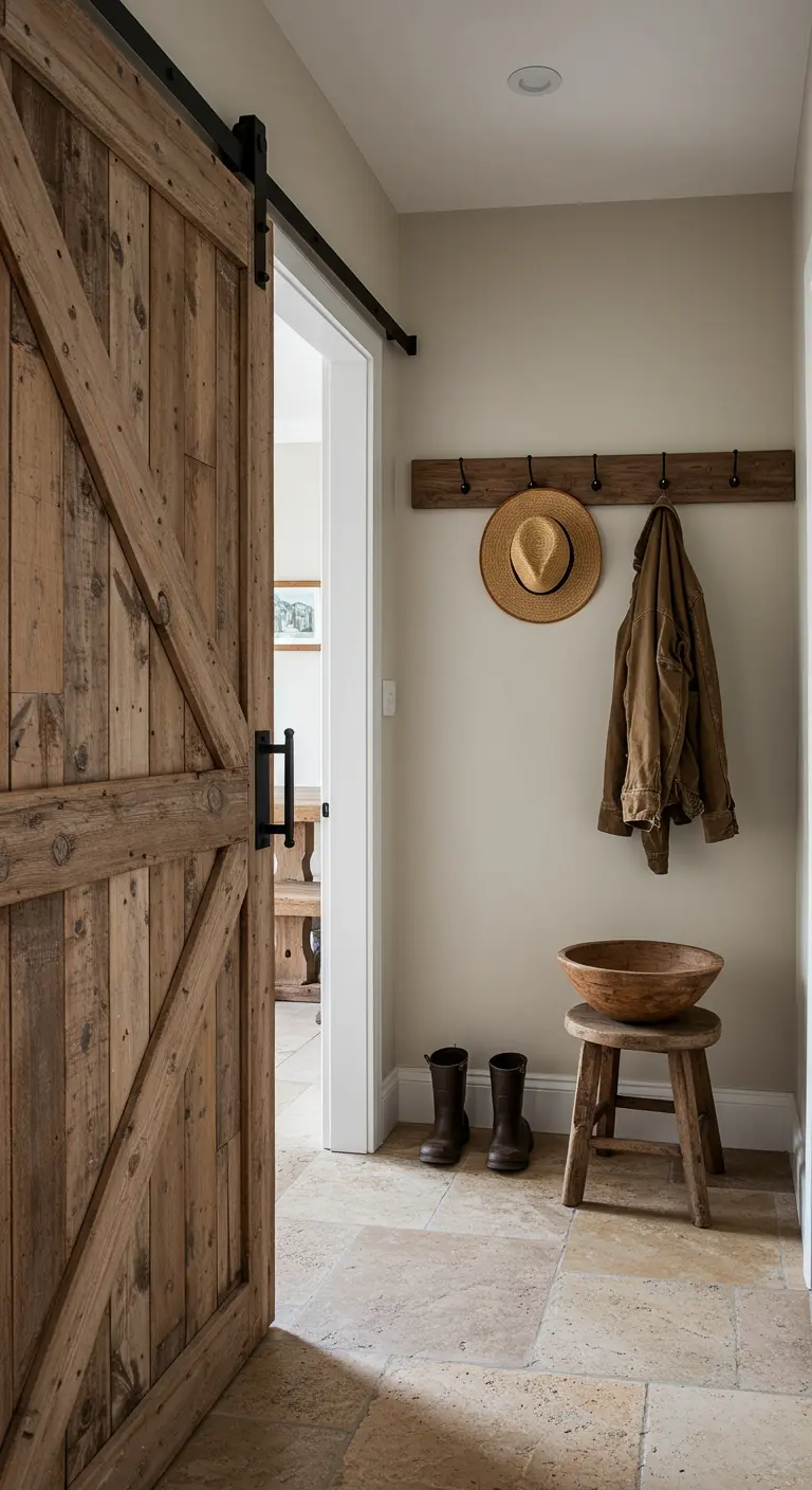 Puerta corredera de madera rústica junto a un rincón con perchero, taburete y botas.