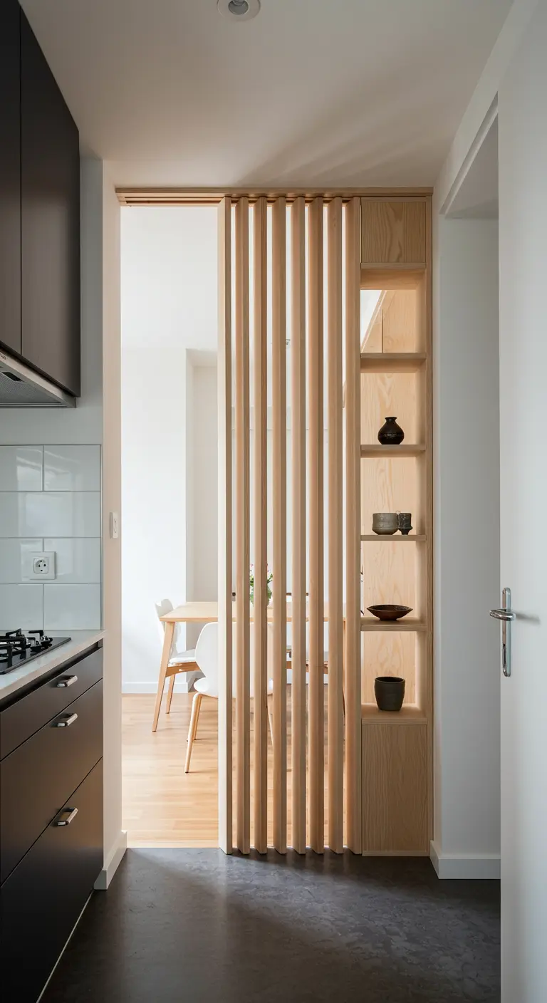 Separador de ambientes de listones de madera que se desliza para revelar una estantería integrada