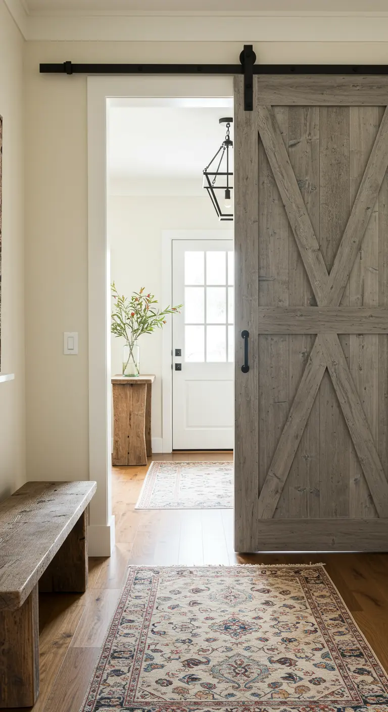 Puerta corredera de estilo granero en madera grisácea que separa el recibidor del resto de la casa.