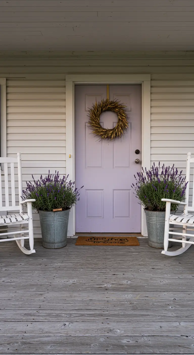 Puerta de entrada pintada en un suave color lavanda, flanqueada por macetas de lavanda.