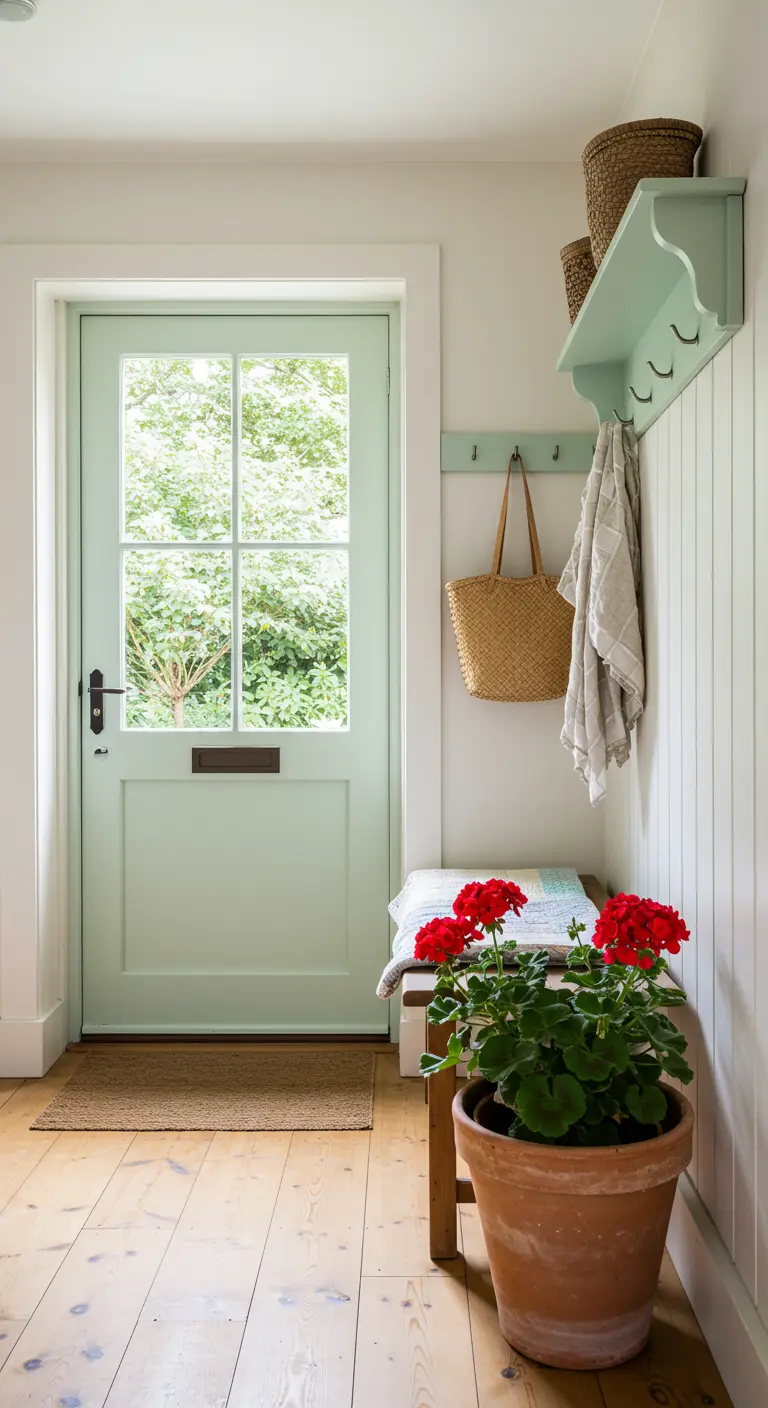 Puerta de entrada de color verde menta en un recibidor luminoso con una maceta de geranios rojos.