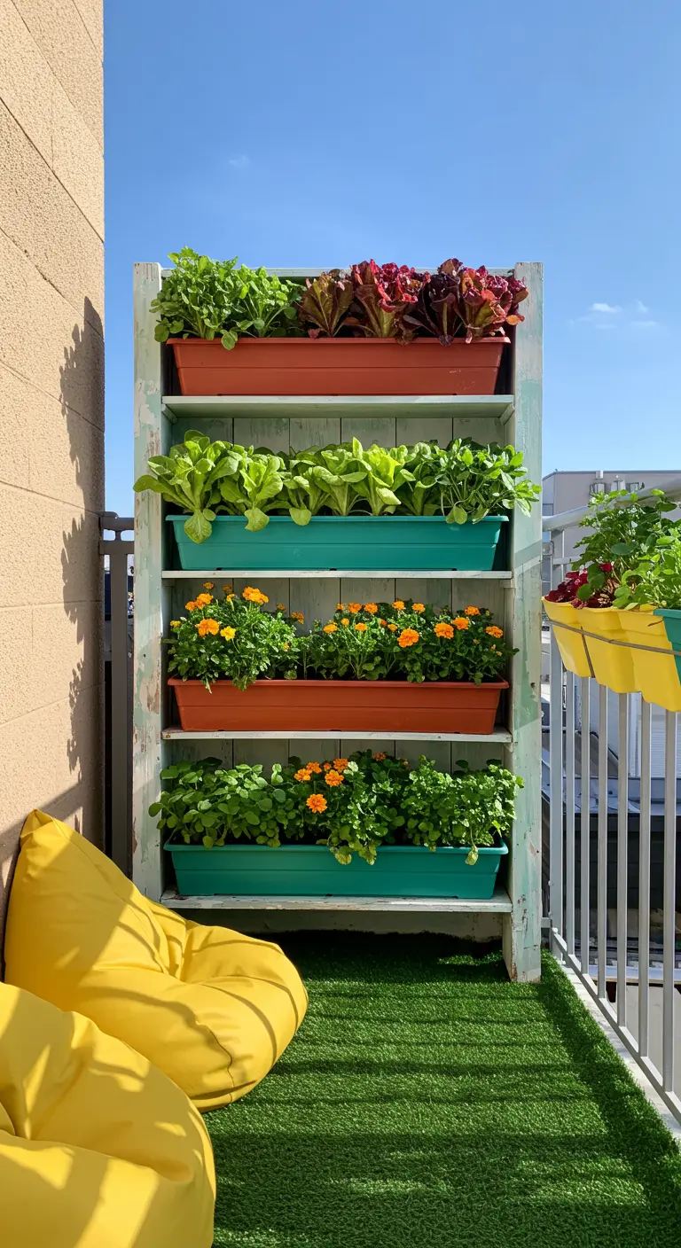 Puerta vieja pintada de blanco y usada como estantería para jardineras de colores.