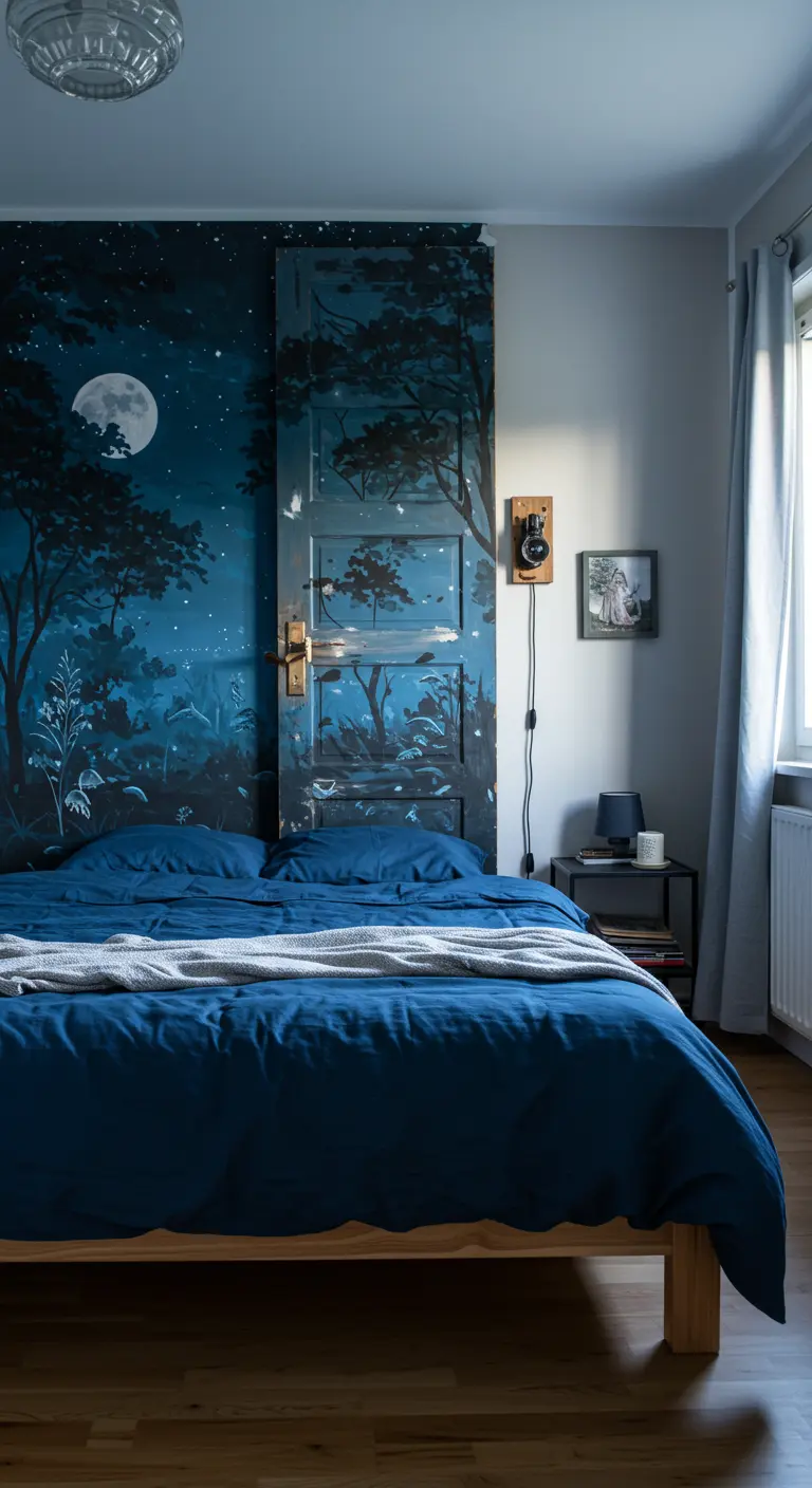 Cabecero de cama original hecho con una puerta pintada que se integra en un mural de un bosque nocturno.