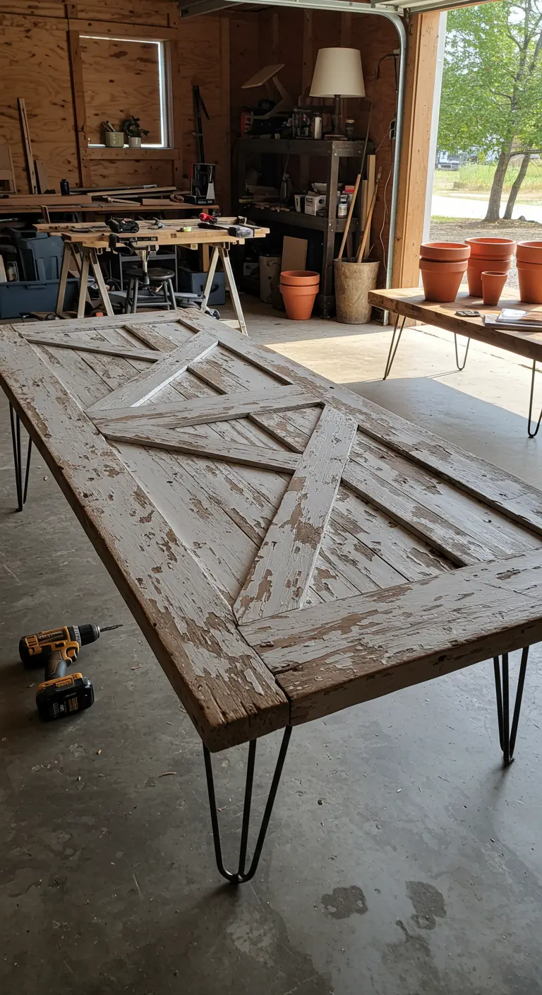 Mesa de comedor DIY hecha con una puerta de granero reciclada y patas de horquilla negras.