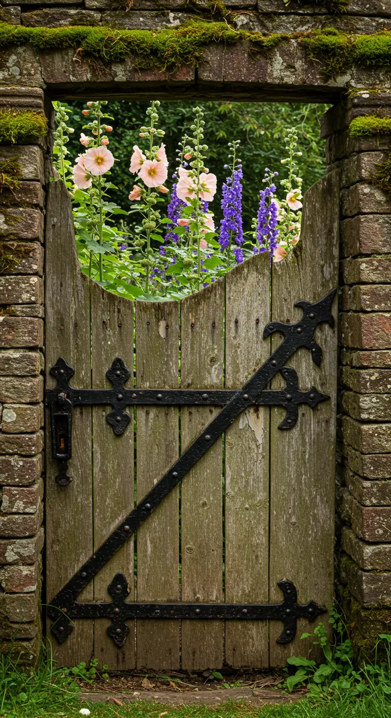 Puerta de madera rústica con herrajes de hierro negro en un muro de piedra, con flores detrás.