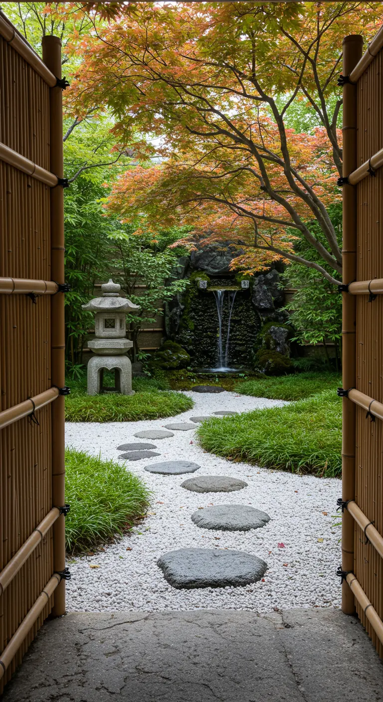 Vista a través de unas puertas de bambú hacia un sendero de piedras redondas que lleva a una cascada.