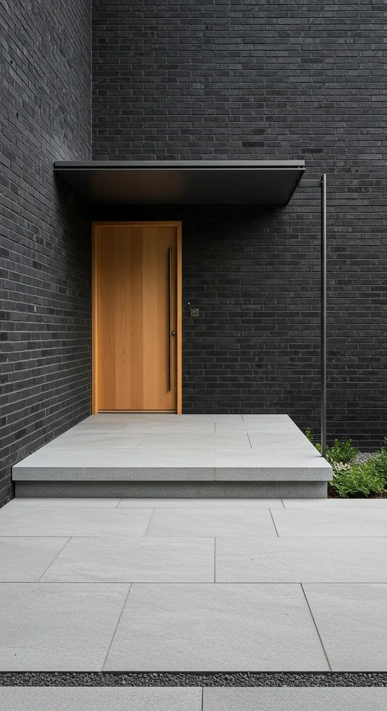 Entrada minimalista con pared de ladrillo negro, puerta de madera clara y escalón de hormigón.