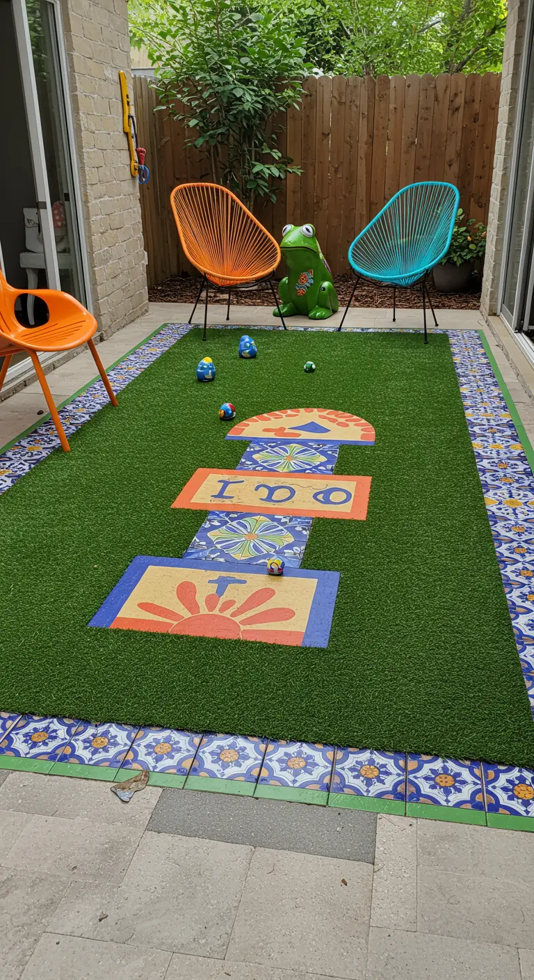 Patio con césped artificial, una rayuela pintada y un borde de azulejos de talavera.