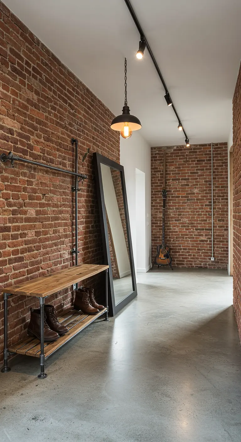 Entrada de estilo industrial con pared de ladrillo, muebles de tuberías y un gran espejo apoyado.