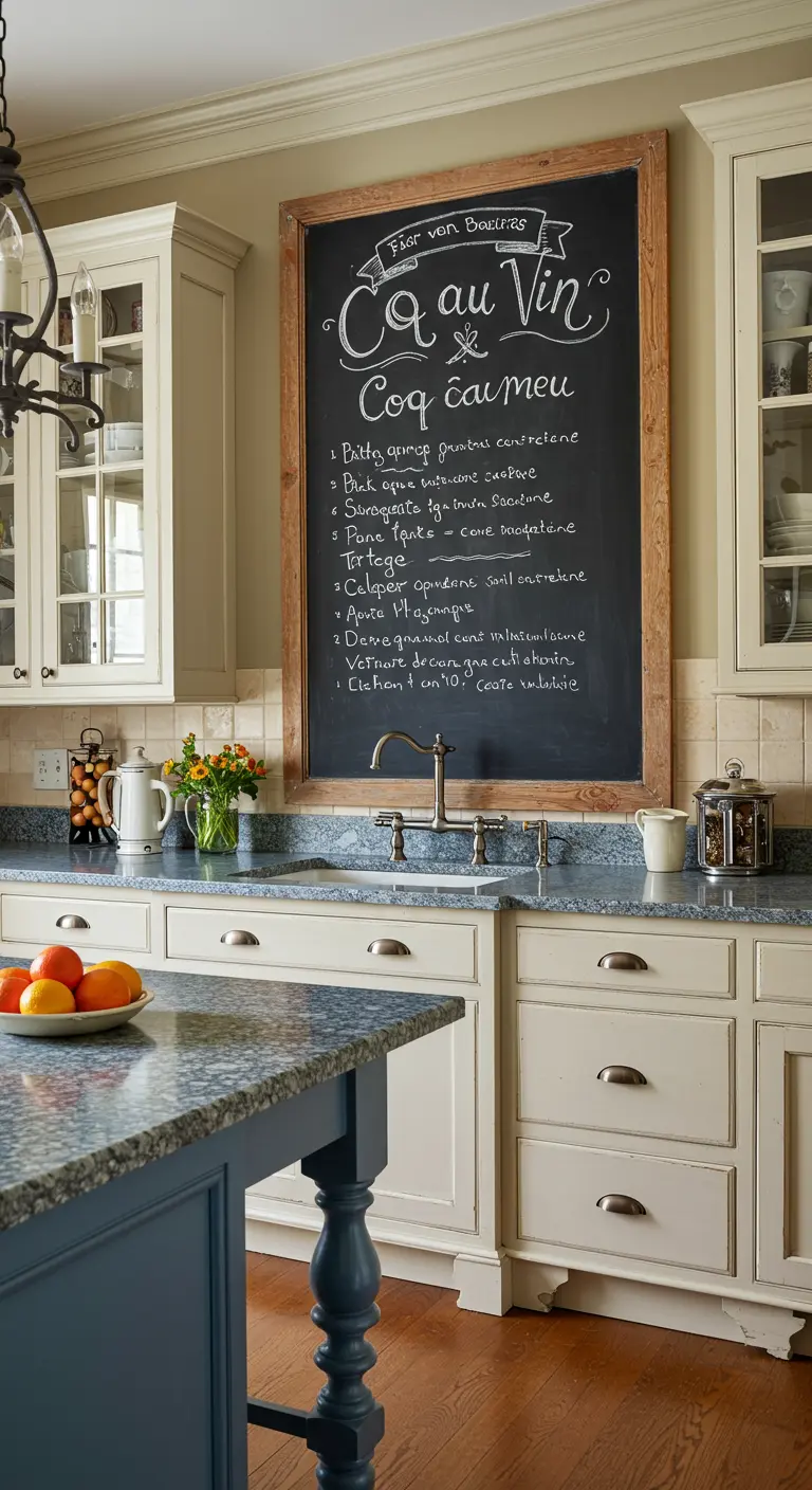 Cocina tradicional con una pizarra enmarcada en madera que muestra la receta del 'Coq au Vin'.