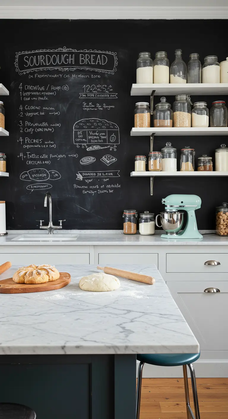 Cocina con pared de pizarra mostrando una receta ilustrada de pan de masa madre, con una isla de mármol para amasar.