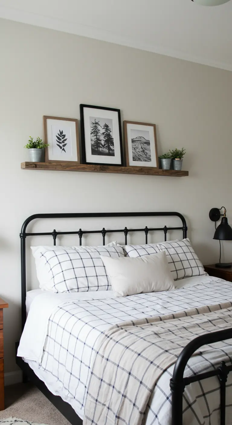 Repisa de madera sobre una cama de forja con marcos de fotos y pequeñas plantas.