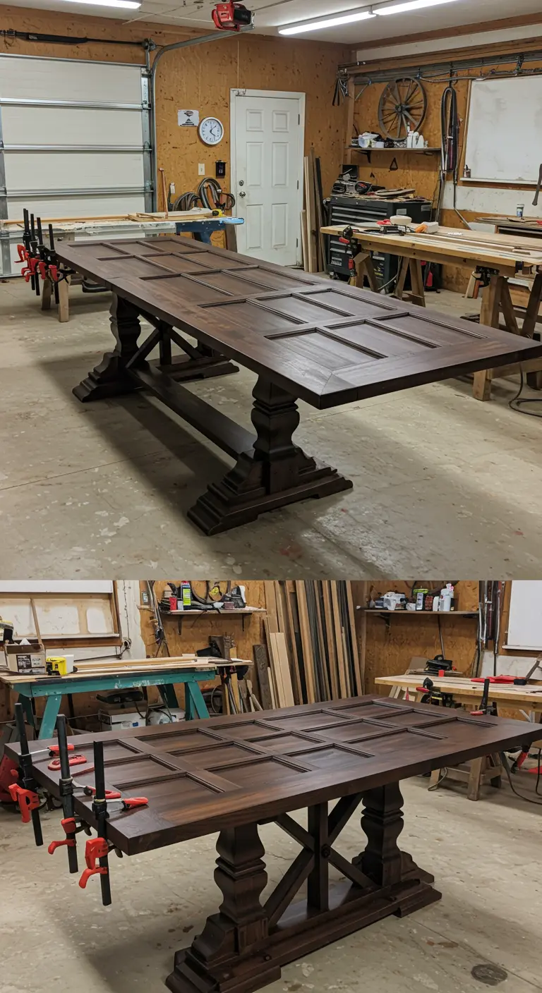 Mesa de comedor grande y oscura hecha con una puerta de múltiples paneles sobre una base de caballete.