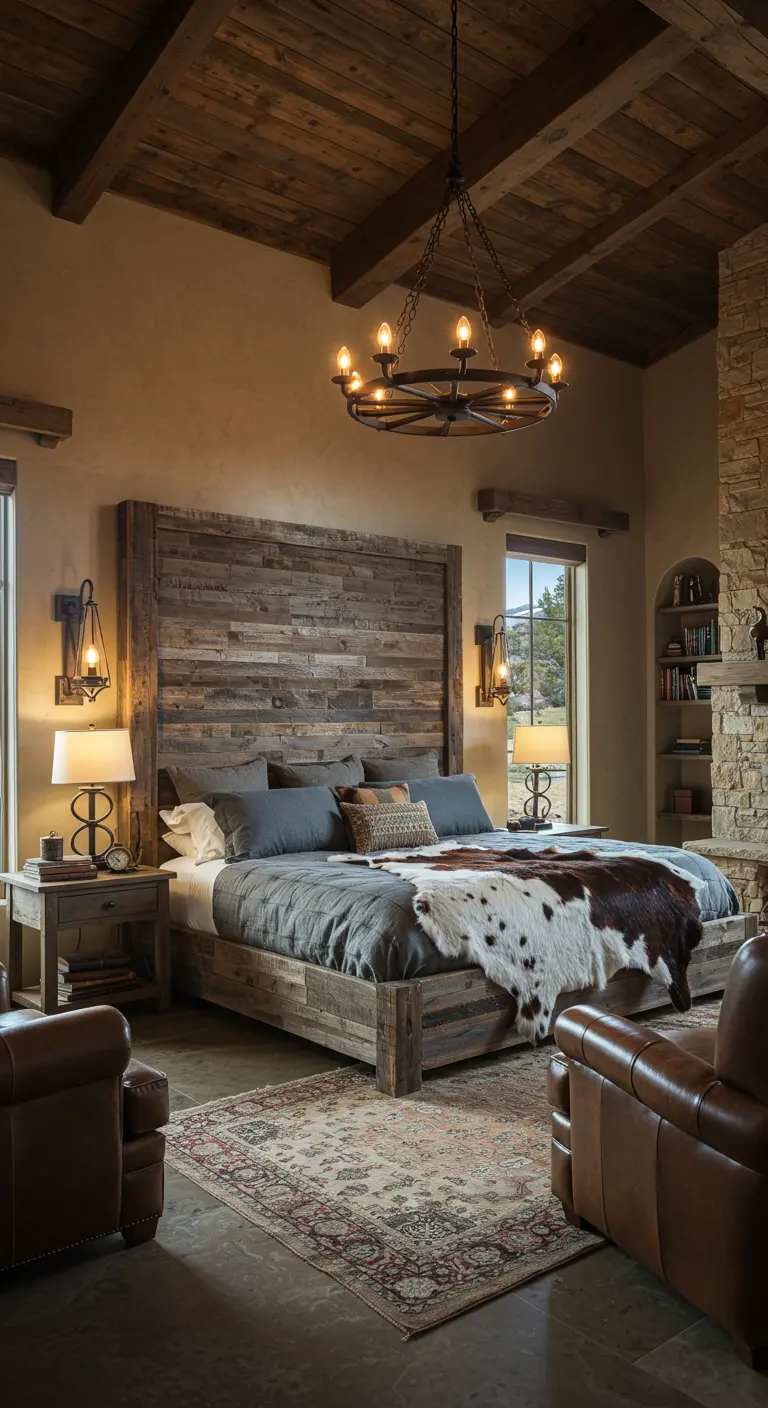 Dormitorio rústico con gran cabecero de madera recuperada y lámpara de hierro forjado