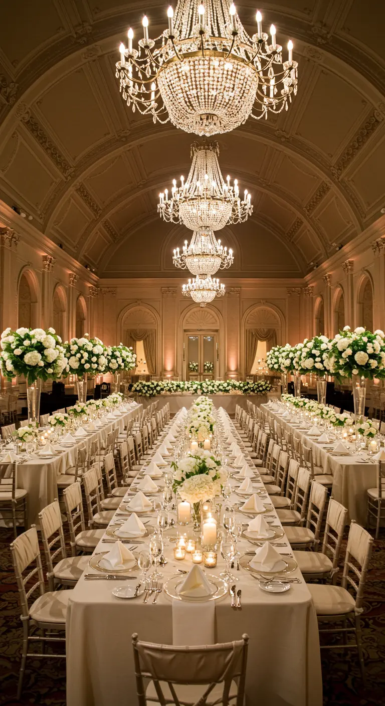Mesas largas y formales en un salón de baile con candelabros de cristal.