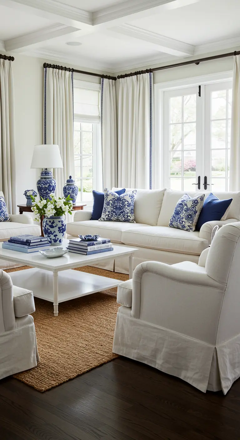 Sala de estar clásica y luminosa con sofás blancos, cojines y jarrones de porcelana azul y blanca.