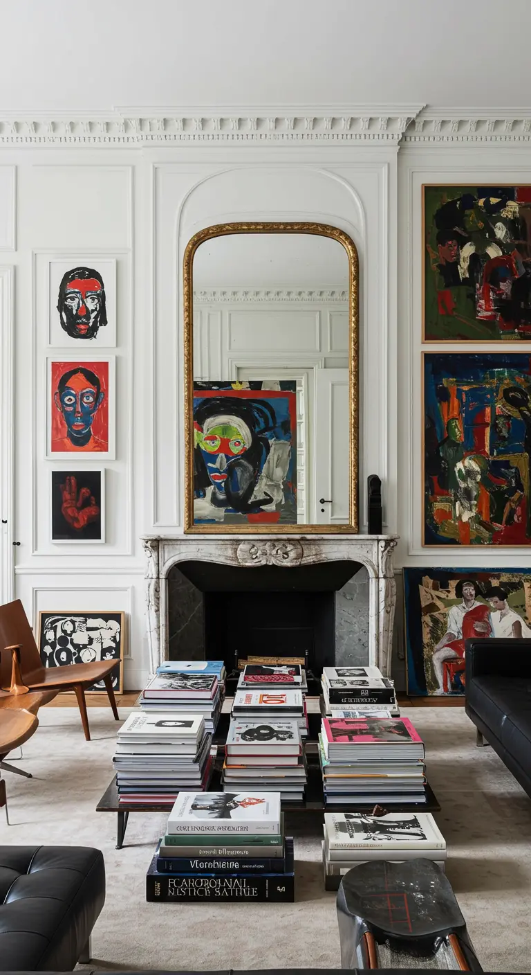 Sala parisina blanca llena de cuadros de arte moderno y abstracto, con libros apilados como mesa.