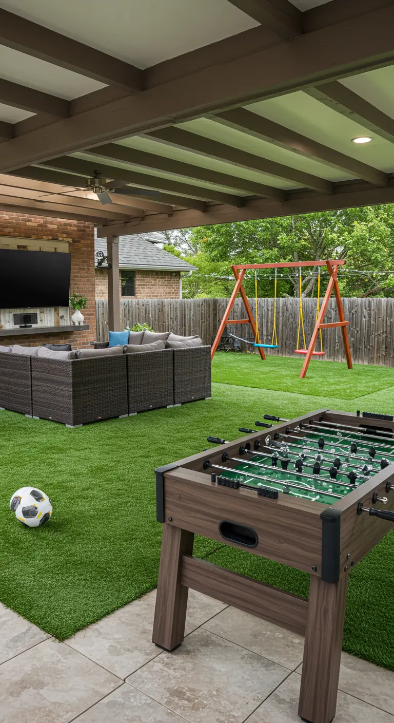 Porche cubierto con un gran sofá seccional, televisión, futbolín y columpios en el jardín.