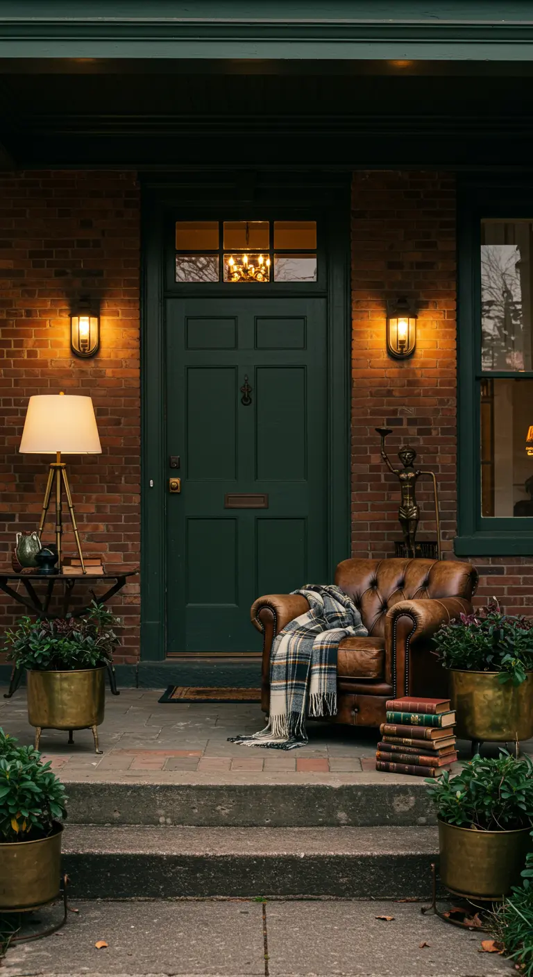 Porche de ladrillo decorado como una sala de estar, con un sillón de cuero y una lámpara de pie