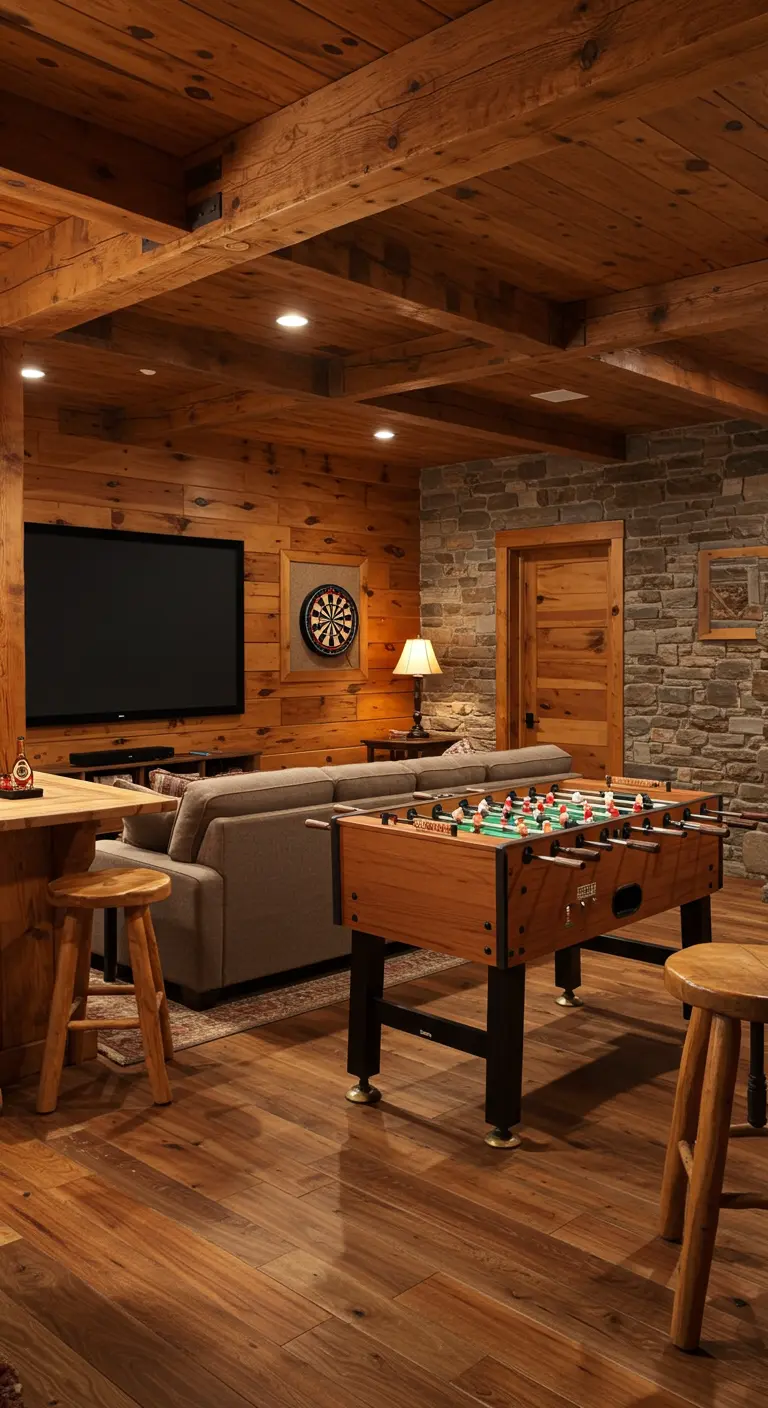 Sótano o sala de juegos con paredes de madera y piedra, un futbolín y una diana.