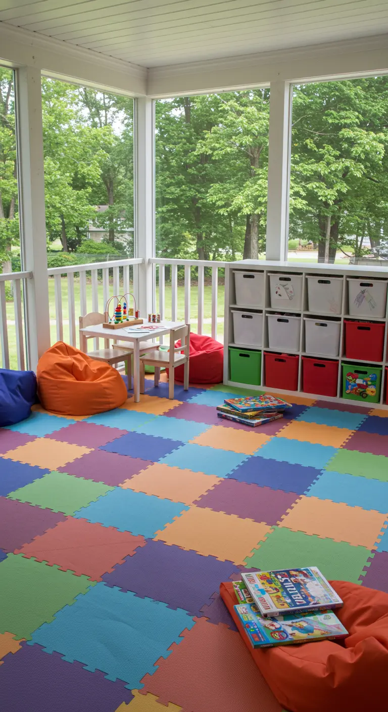 Porche convertido en una colorida sala de juegos para niños con suelo de espuma y estanterías.