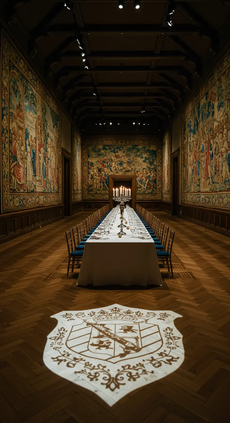 Salón con tapices antiguos y una larga mesa de banquete. Un escudo está proyectado en el suelo.