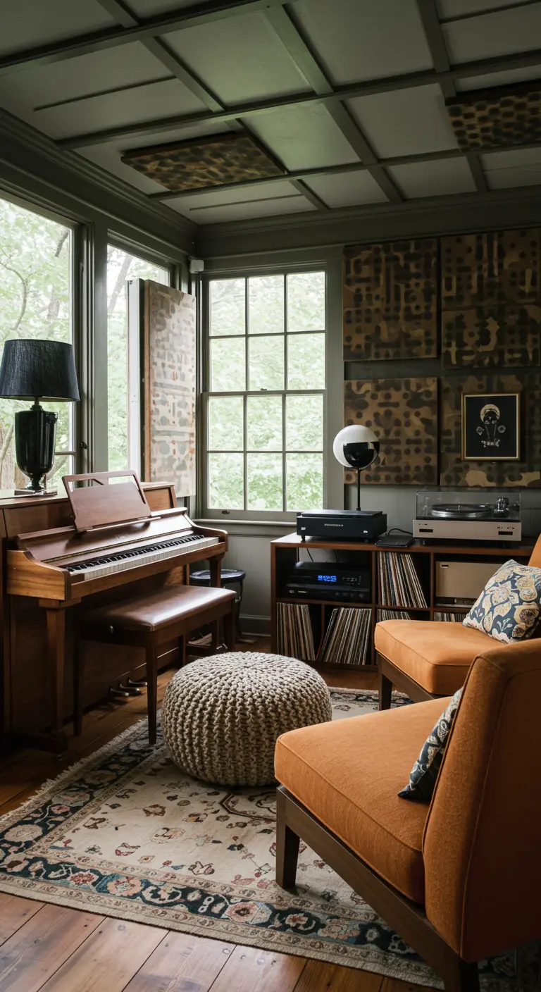 Sala de música en un porche cerrado con un piano, un tocadiscos y una colección de vinilos.